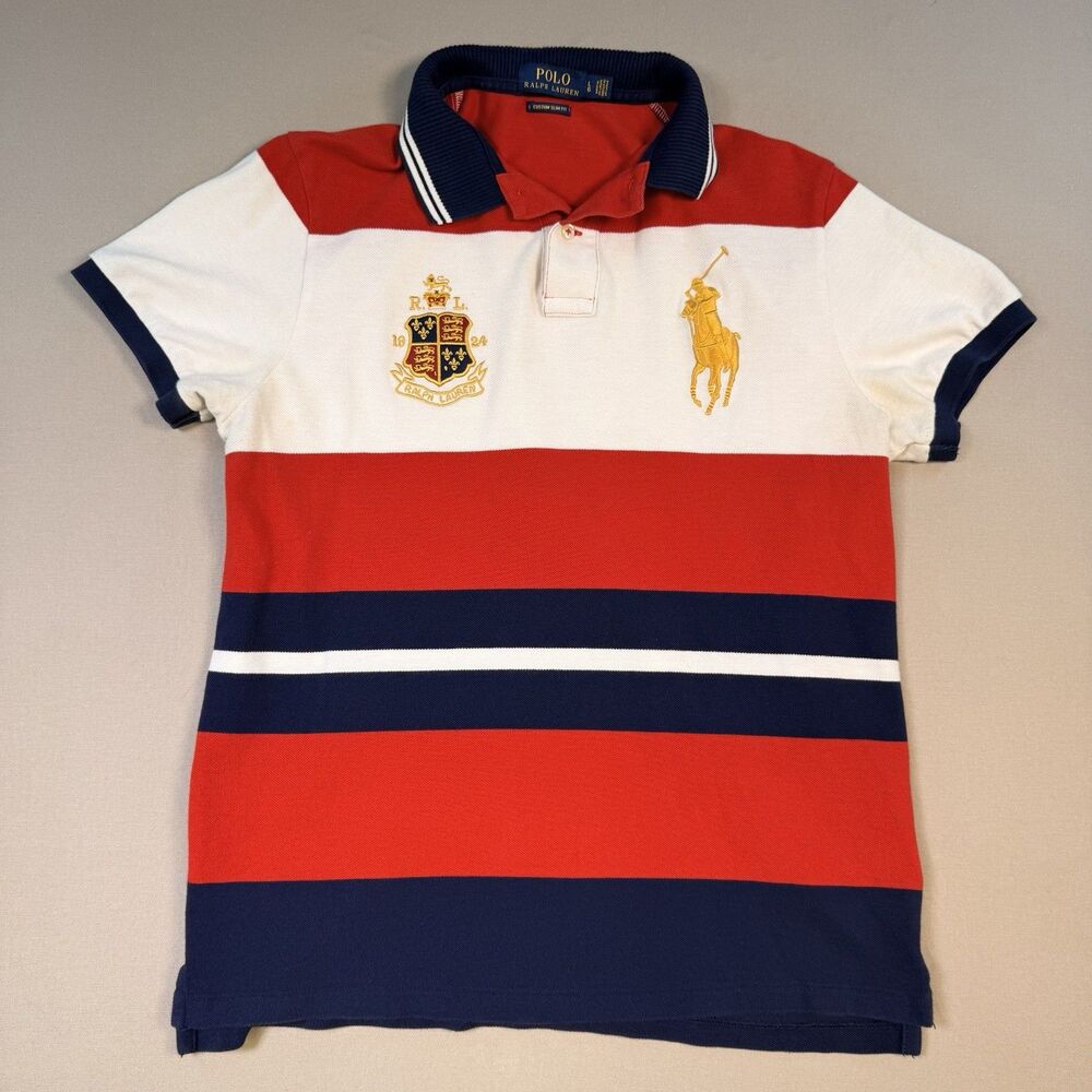 Polo Ralph Lauren Shirt Men’s Large Big Pony Logo Crest Slim Fit Red Blue Rugby